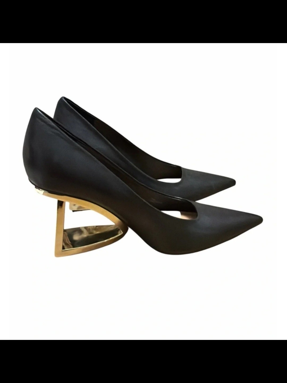 Gianni Bini Black Pointed Pumps with Gold Sculptural Heel